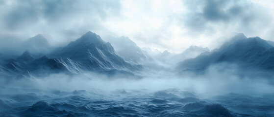 Fototapeta premium Mystical mountain range covered in early morning fog, with soft rays of sunlight breaking through the clouds. The scene is peaceful yet dramatic, evoking a sense of wonder.