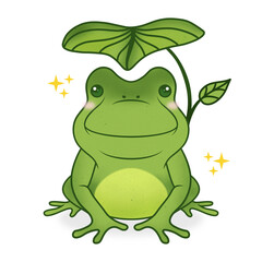 Cute smiling rainy season happy frog illustration. Greeting card, t shirt, sticker, print Graphic design. Character design frog prince and umbrella leaf. Hand drawn digital art Grunge Isolated artwork