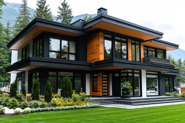 Fototapeta premium Elegant black and white house with wood accents, large windows, and clean lines, showcasing contemporary luxury