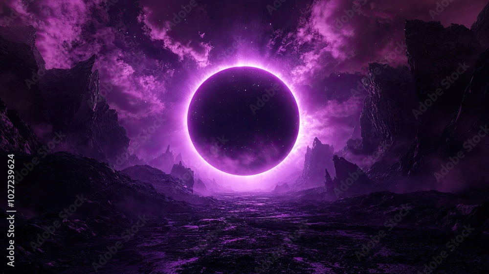 Wall mural realistic purple cyberpunk outer space background and circular hole in the middle