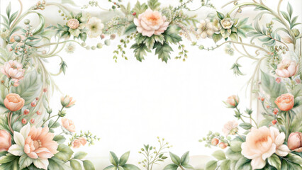 Elegant floral border design with pastel roses and greenery, copy space for text