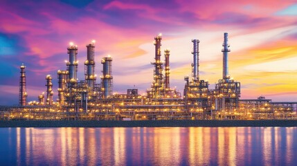 Obraz premium Vibrant Sunset Over Industrial Oil Refinery