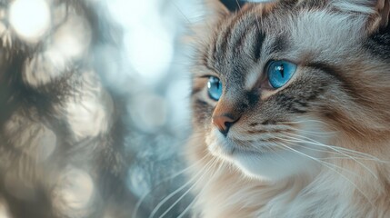 A close-up portrait of a fluffy cat with blue eyes, framed against a soft, blurred background