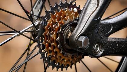 Close-up of a Bicycle Cassette with Wet Gears. Showcasing Maintenance in Harsh Weather or Performance Gear in High Precision Engineering for Cycling