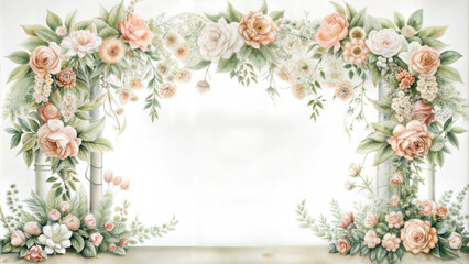 Charming floral arch design with pastel flowers and greenery, copy space for text or photos