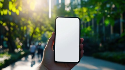 A serene moment captured hand holding a blank smartphone in a tranquil outdoor setting