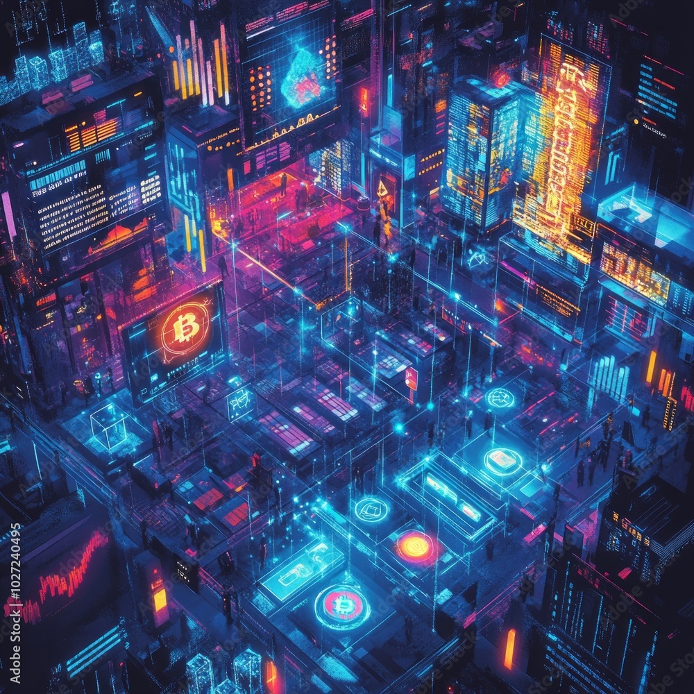 Poster Futuristic digital cityscape with vibrant neon lights and data.