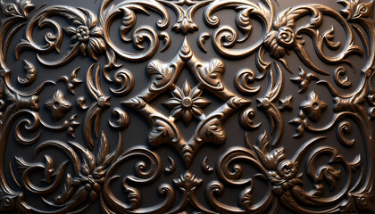 Complex carving on metal texture with realistic patterns, natural colors, and soft lighting for seamless design
