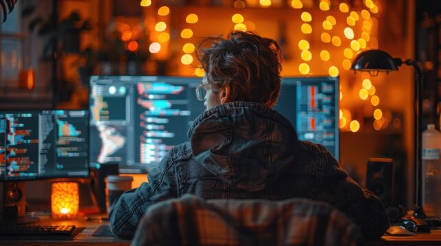 A JavaScript developer working on a web application with HTML and CSS on screen