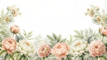 Charming floral background with pastel peonies and leaves, copy space for text or images