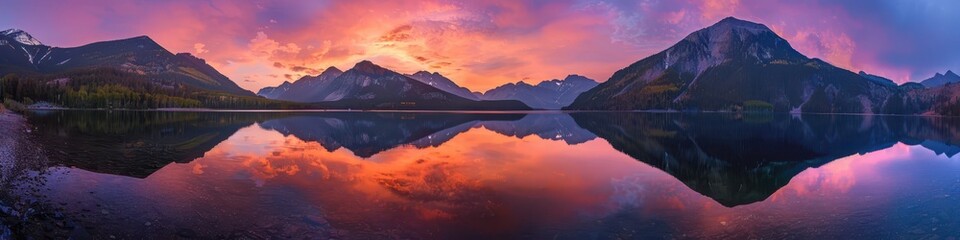 breathtaking panorama of a serene mountain lake at sunset