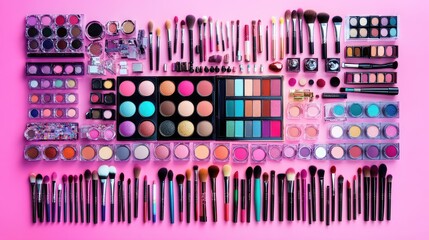 Fototapeta premium Array of Colorful Makeup Products and Brushes