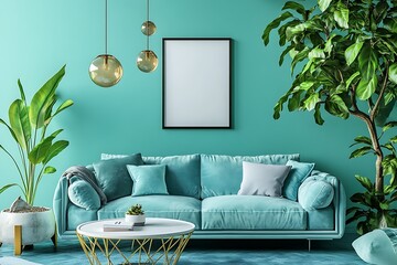 Modern living room with teal walls and stylish decor.