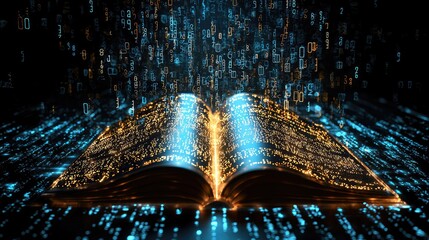 The Arabic numerals of binary code 0 and 1 are combined into the shape of a book, special effects synthesis, light effect, sense of technology