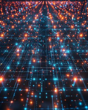Quantum Computing Visualization Glowing Grid of Interconnected Qubits Symbolizing Parallel Outcomes
