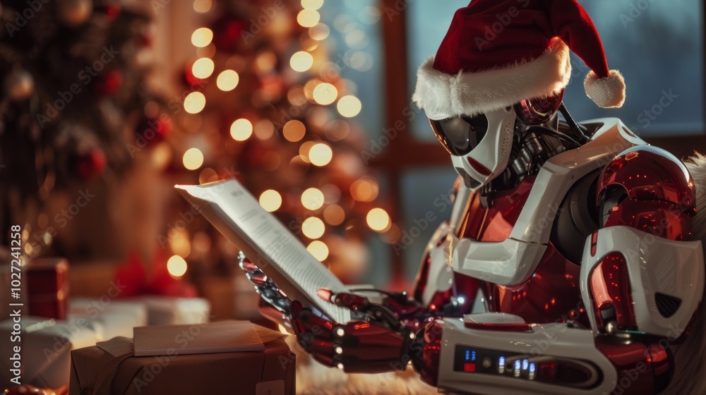 Poster a robot is sitting on a table reading a letter