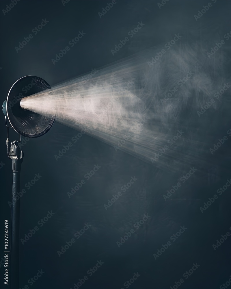 Poster megaphone projecting powerful beam of light and sound symbolizing illumination of truth through comm