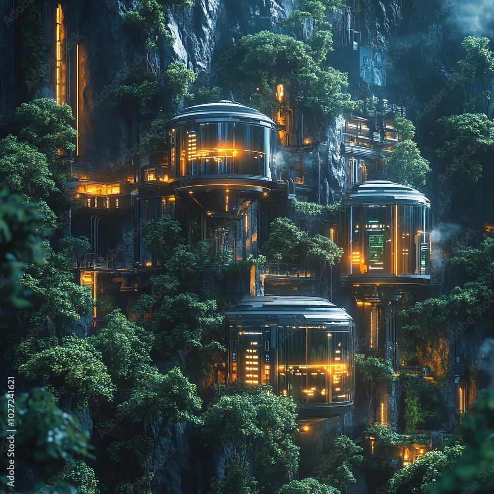 Sticker Futuristic homes built into a mountainside with glowing windows and lush greenery.