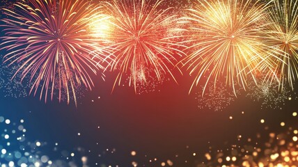 Fototapeta premium Colorful fireworks,Celebration New Year's Eve,Golden fireworks on dark night sky,Design for posters, banners and greeting cards,Luxury template for media post,copy space,Happy new year concept.