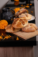 Pan de Muerto. Typical Mexican sweet bread that is consumed in the season of the day of the dead. It is a main element in the altars and offerings in the festivity of the day of the dead.