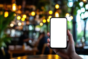 Showcase of a Blank Smartphone Screen in a Lively Cafe Setting