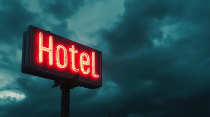 Obraz premium Glowing Neon Hotel Sign Under Dark Clouds