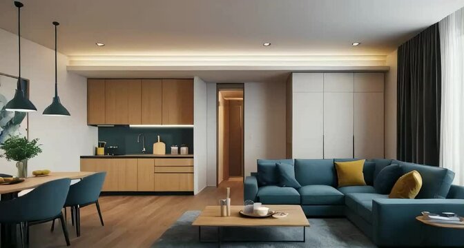 Panorama of the interior of a modern living room with kitchen in a modern studio apartment.