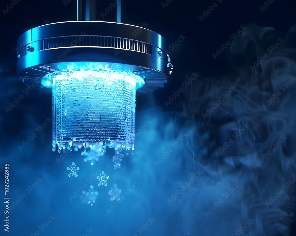 Poster quantum computing cryogenic cooling system visualized with suspended frozen qubits