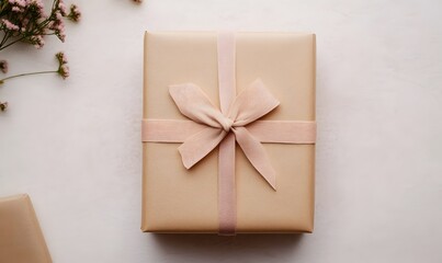 Gift Box, top-down view of a neatly wrapped gift box with a big bow on top, Generative AI 