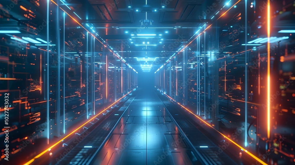 Poster futuristic quantum data center with glowing circuits symbolizing quantum computing power