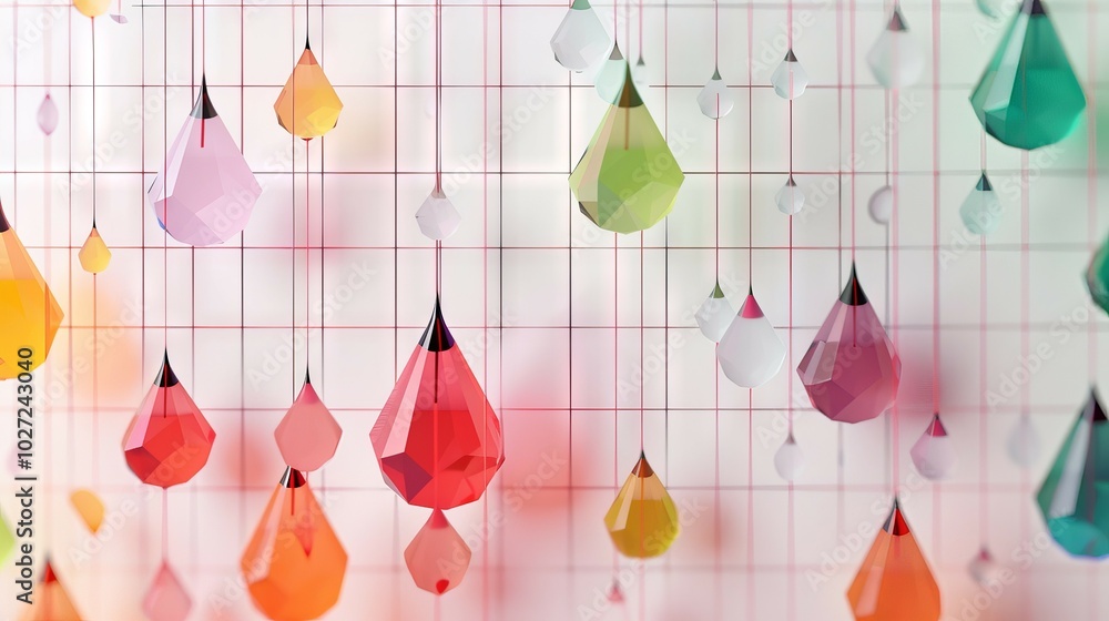 Poster colorful crystal drops. abstract background of crystal drops in assorted colors hanging from strings