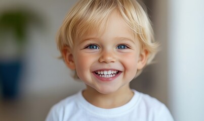 A cheerful young child with blonde hair and bright blue eyes smiles broadly while sitting indoors in warm, natural light, showcasing a joyful moment.