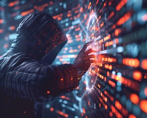 Hacker Attempting to Crack Quantum Encrypted Code in Digital Cyber Space