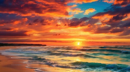 Obraz premium A tranquil sunset over a calm body of water, reflecting vibrant hues of orange,