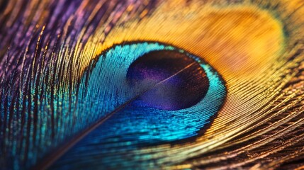 Obraz premium A close-up view of a peacock feather showcasing vivid iridescent colors and intricate patterns, emphasizing nature's artistry.
