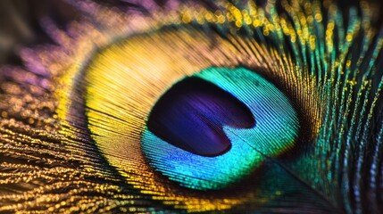 Obraz premium A close-up view of a peacock feather showcasing vivid iridescent colors and intricate patterns, emphasizing nature's artistry.