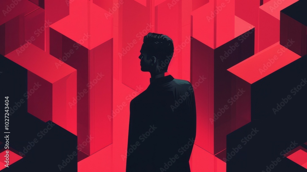 Poster man red geometric pattern. silhouette of a man in a red geometric background, symbolizing isolation,