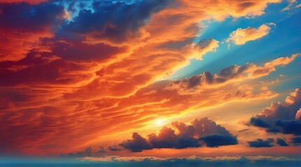 Fototapeta premium A tranquil sunset over a calm body of water, reflecting vibrant hues of orange,