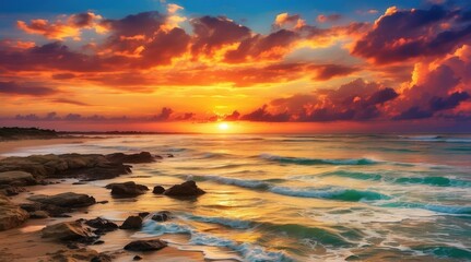 Naklejka premium A tranquil sunset over a calm body of water, reflecting vibrant hues of orange,