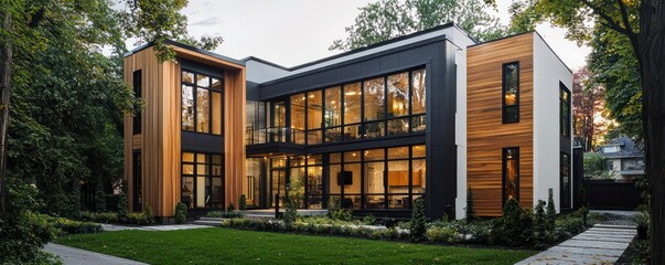 Elegant modern house with wood accents, large windows, and a chic black and white exterior Contemporary urban design