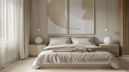 Interior of a modern bedroom with beige walls and wooden floor