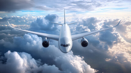 A white airplane is flying through a cloudy sky