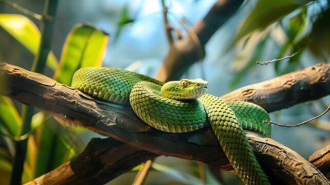 green viper on a branch in the zoo