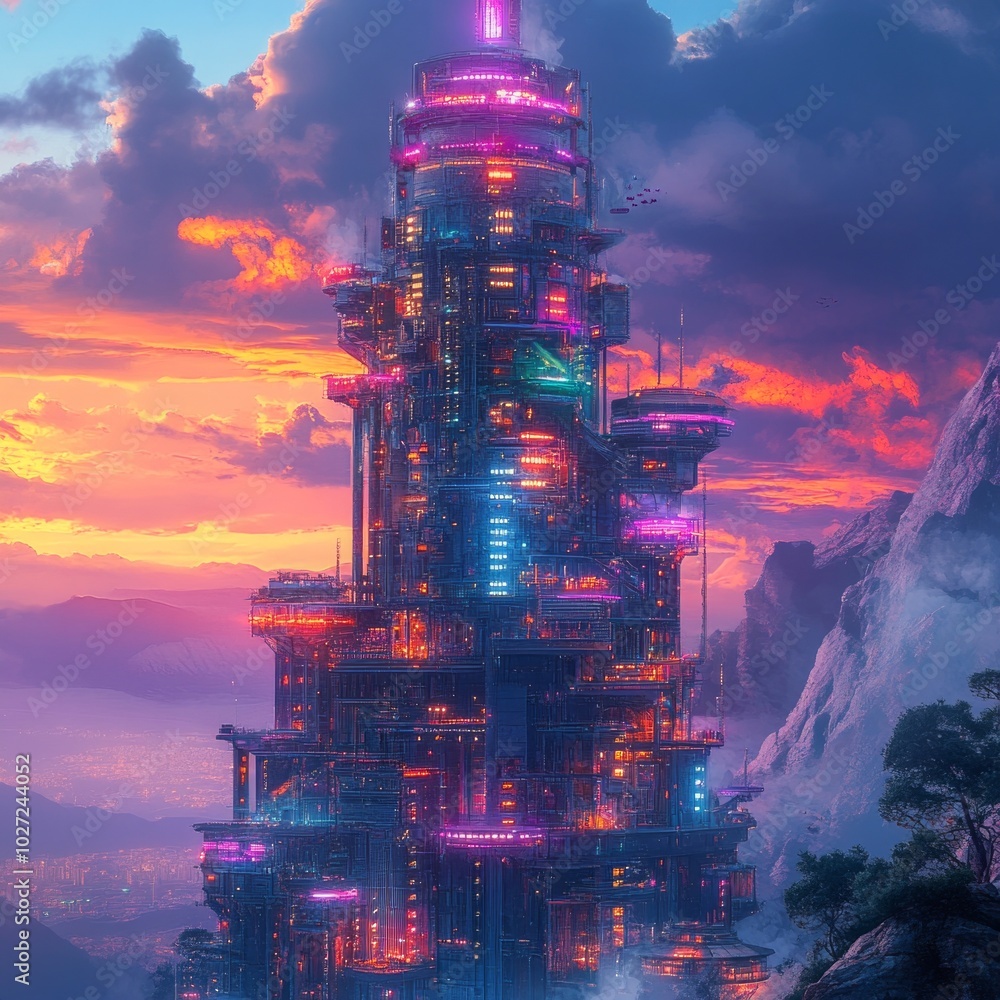 Poster Futuristic skyscraper with glowing neon lights at sunset in a mountainous landscape.