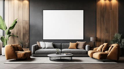 Modern living room interior with gray sofa, brown armchairs, large empty canvas on dark wall, decorative plants, and round coffee table on patterned rug.