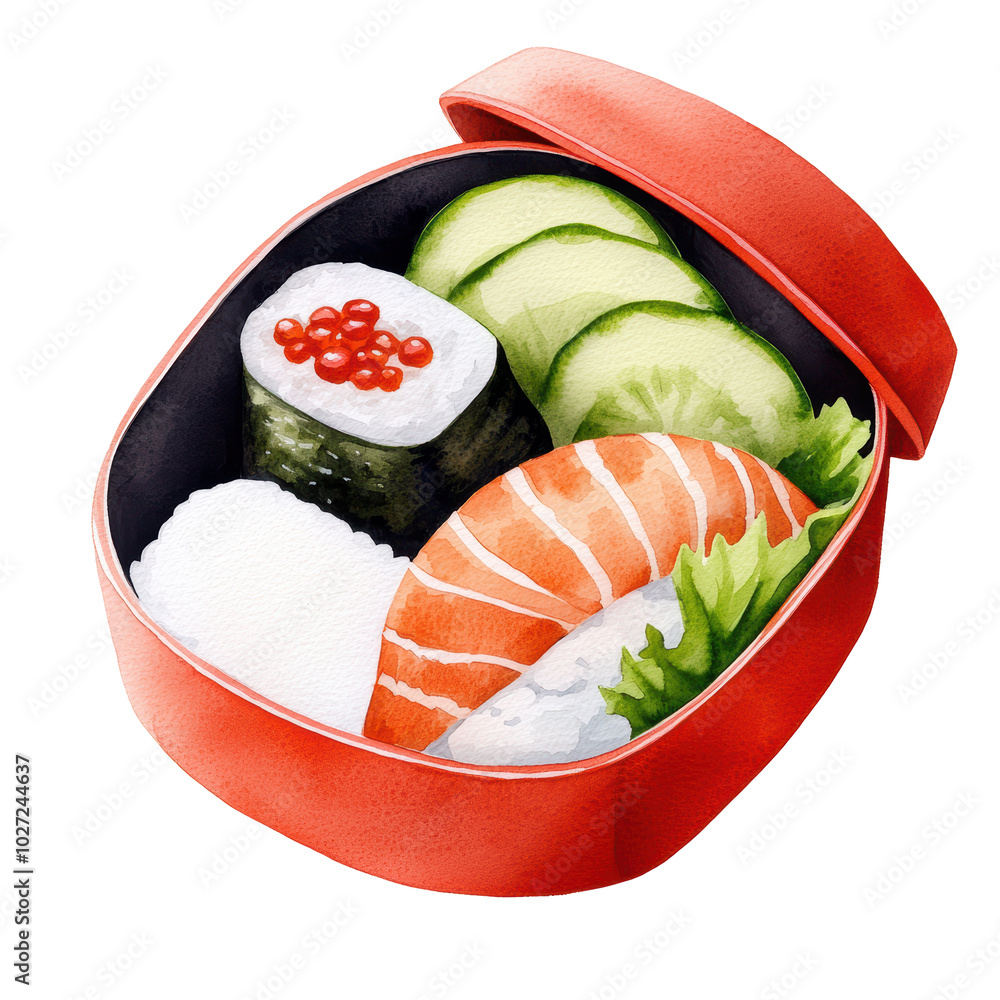 Poster A red container with sushi and cucumber slices