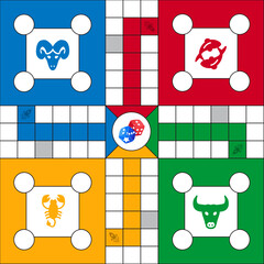 Ludo board game. Ludo game board design. Classic family board game. Vector ludo board family game.