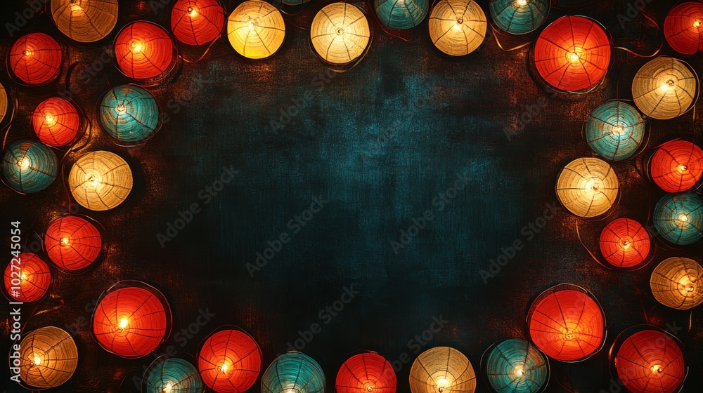 Poster illuminated paper lanterns forming a frame on a dark teal background