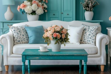 Homey living room interior, vintage distressed blue wooden coffee table, comfy white sofa and pillows. 