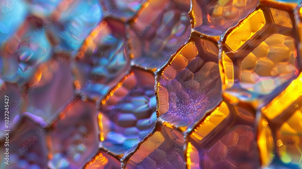 Poster iridescent hexagon pattern. close-up image of a vibrant, iridescent hexagon pattern, evoking a sense